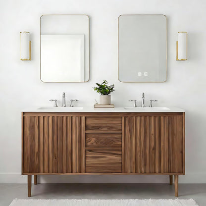 60”-84”Double Sink Freestanding Bathroom Vanity with 2 LED Mirrors, Walnut Wood Vanity with Fluted Panels & White Marble Top