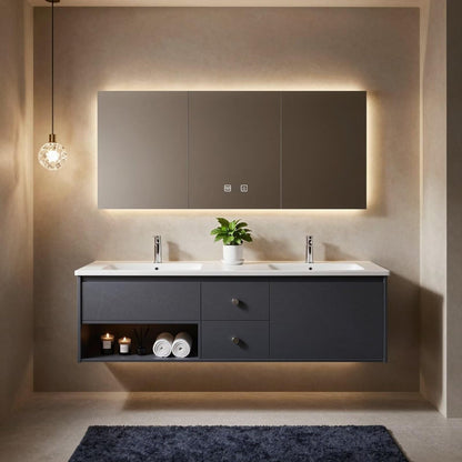 60"-84"Floating Dark Gray Bathroom Vanity with Open Shelf & Backlit LED Mirror Cabinet