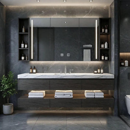 48"-64"Floating Dark Wood Bathroom Vanity with Marble Top & LED Medicine Cabinet
