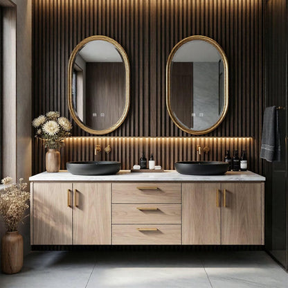60"-84"Double Sink Bathroom Vanity, Natural Wood Cabinet with White Marble Countertop