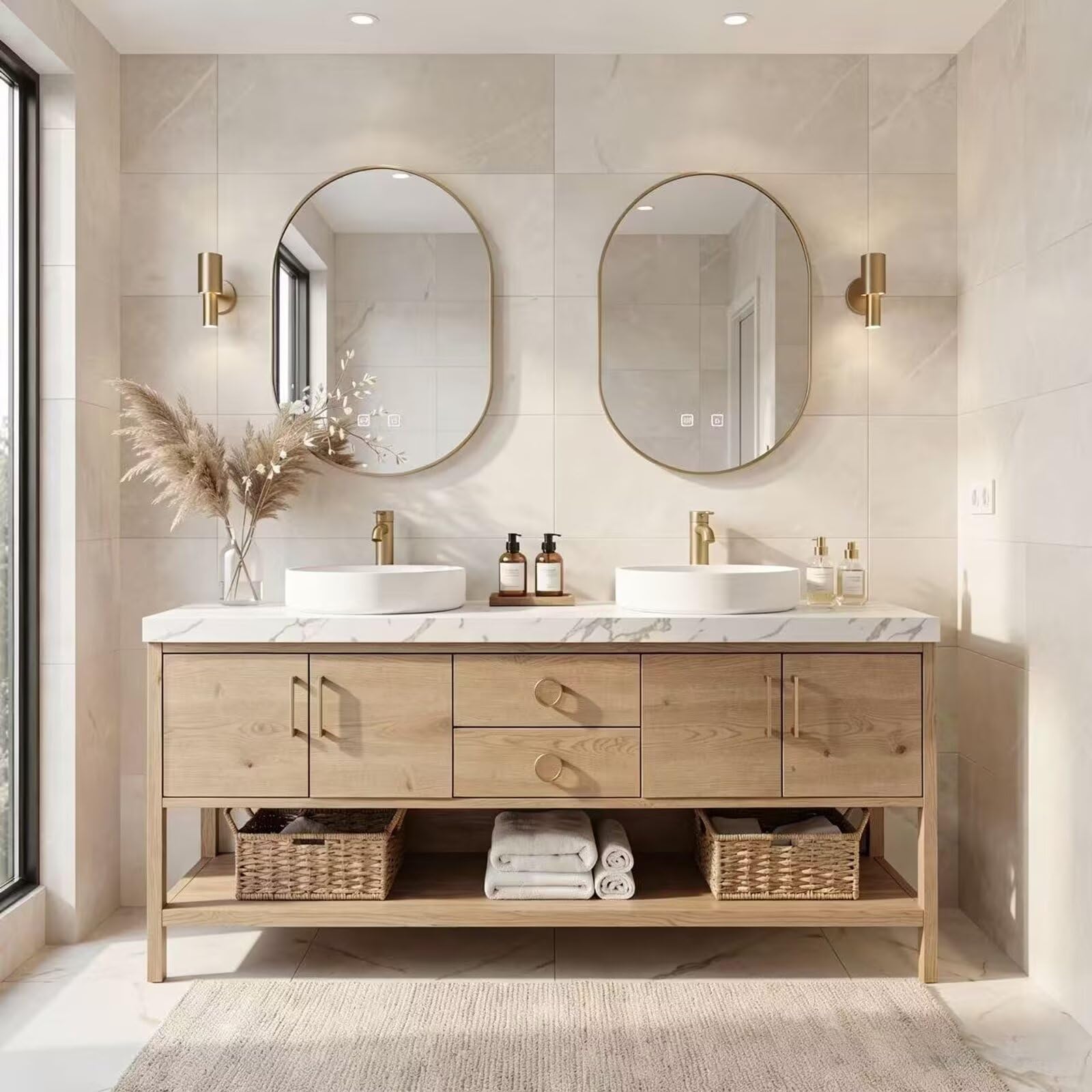 64"-96"Modern Farmhouse Bathroom Vanity Set with Open Shelf & Double Vessel Sinks
