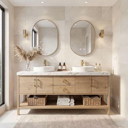 64"-96"Modern Farmhouse Bathroom Vanity Set with Open Shelf & Double Vessel Sinks