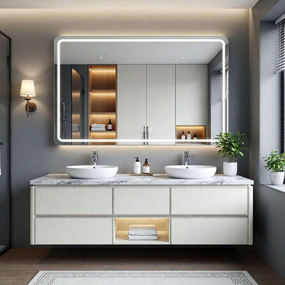 60"-84"Floating White Bathroom Vanity with Marble Top & LED Mirror, Double Vessel Sinks