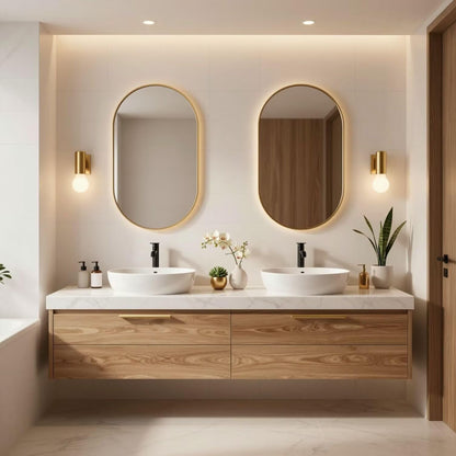 60"-84"Light Wood Wall-Mounted Vanity with White Marble Top & Soft-Close Drawers for Bathroom
