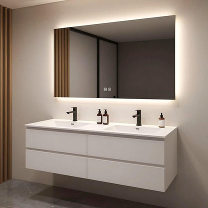 60”-84”Double Sink Floating Bathroom Vanity, All-White Modern Cabinet with Backlit LED Mirror
