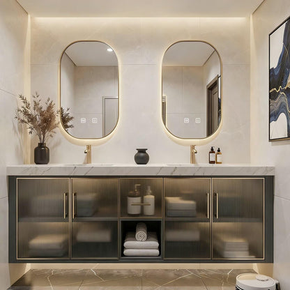 60"-84"Modern Floating Bathroom Vanity Set with Marble Top & Glass Cabinets
