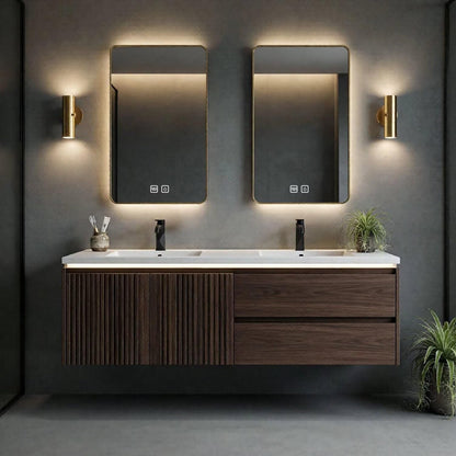 60"-96"Dark Walnut Floating Bathroom Vanity with Fluted Doors & LED Mirrors