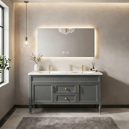60"-84"Freestanding Gray Bathroom Vanity with Double Sinks & LED Mirror