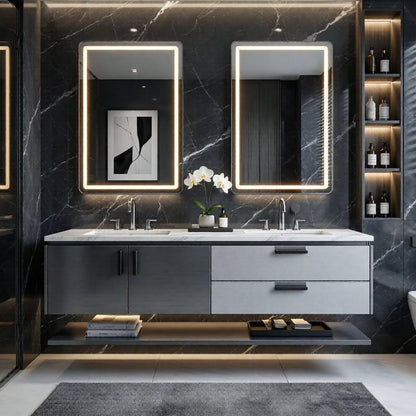 60"-96"Modern Wall-Mounted Bathroom Vanity with Double Sinks & Open Bottom Shelf