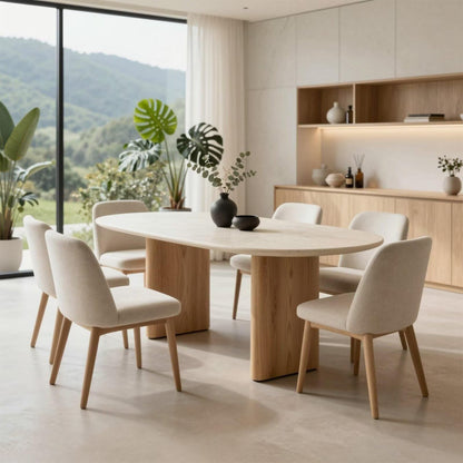 60"-80"Oval Dining Table with Travertine Top & Light Wood Base, Minimalist Kitchen Table