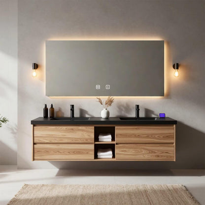 60"-84"Floating Oak Bathroom Vanity with Double Sinks & LED Mirror