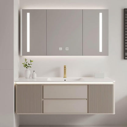 40"-64"Modern Cream Bathroom Vanity with Ribbed Front & Integrated Sink, LED Lighting