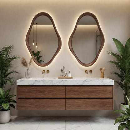 60"-96"Walnut Floating Bathroom Vanity with Irregular LED Mirrors & Marble Top