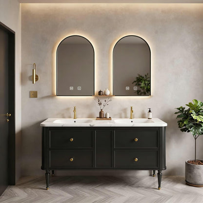 60”-84”Double Sink Freestanding Vanity with LED Arched Mirrors, Black Cabinet & Gold Hardware