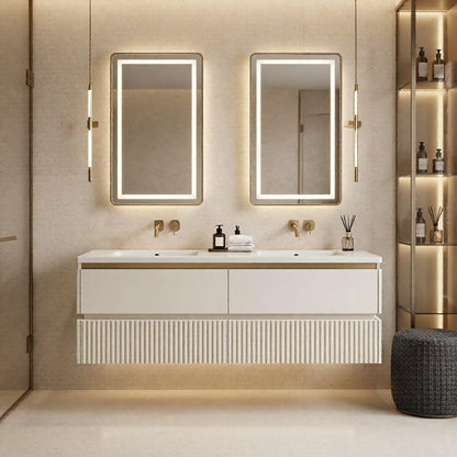 60"-96"Modern Wall-Mounted Vanity with Double Sinks & Gold Trim