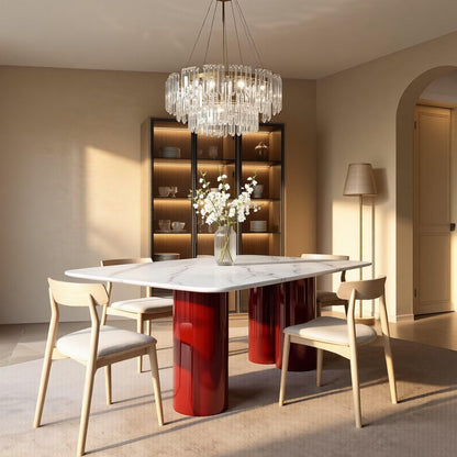 60"-80"Modern Rectangular Dining Table, White Marble Top with Glossy Red Cylindrical Base