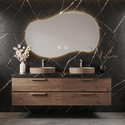 60"-84"Floating Wood Bathroom Vanity with Double Vessel Sinks & Irregular LED Mirror
