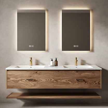 60”-84”Double Sink Floating Bathroom Vanity with 2 LED Backlit Mirrors, Wall Mounted Oak Vanity with Marble Top & Open Shelf