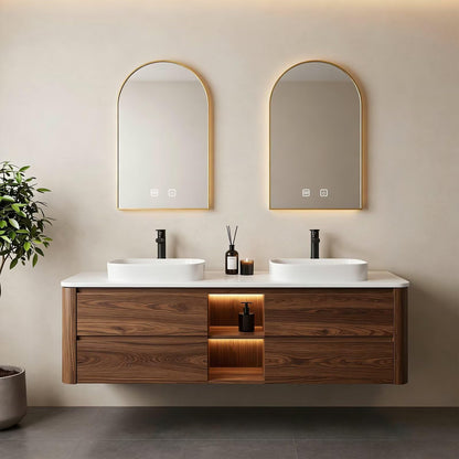 60”-84”Double Sink Floating Bathroom Vanity with Gold Arch LED Mirrors, Walnut Wood Cabinet