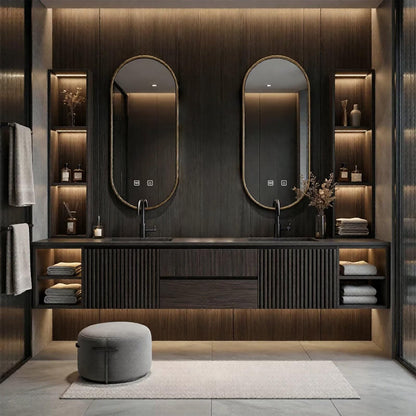 60"-84"Floating Dark Wood Bathroom Vanity with Double Sinks & LED Oval Mirrors