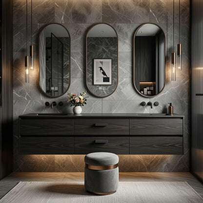 60”-84”Double Sink Floating Bathroom Vanity with Oval Mirrors, Dark Walnut Wood Cabinet