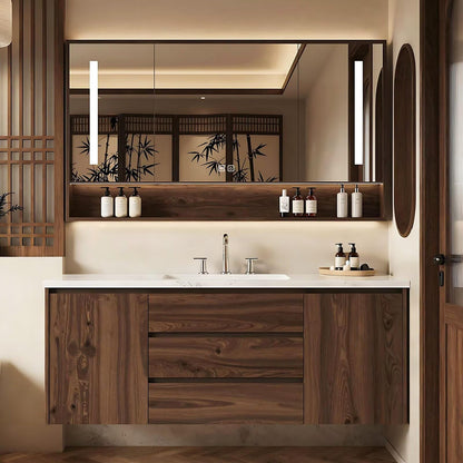 40”-64”Single Sink Floating Bathroom Vanity, Walnut Cabinet with LED Mirror & Open Shelf