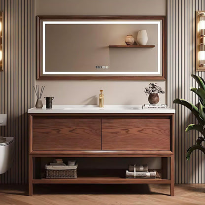 40”-64”Single Sink Freestanding Bathroom Vanity with LED Backlit Mirror, Walnut Cabinet
