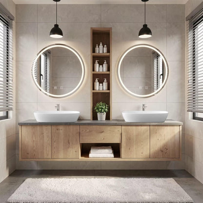 60"-96"Light Oak Floating Bathroom Vanity with Double Vessel Sinks & LED Round Mirrors