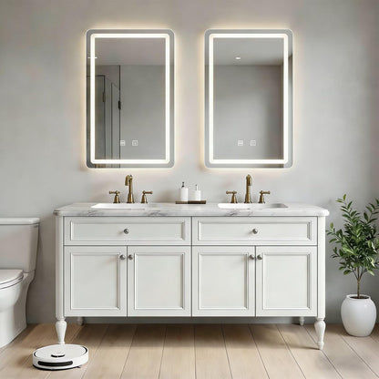 60”-84”Double Sink Freestanding Vanity with LED Mirrors, Off-White Cabinet & Marble Top