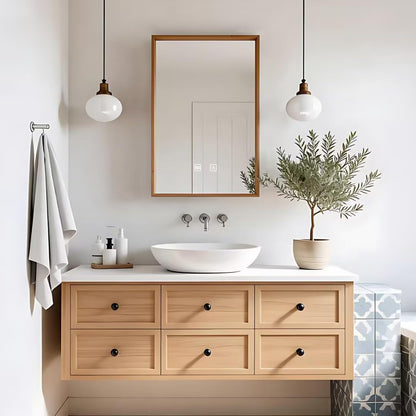 40"-64"Floating Light Wood Bathroom Vanity with Vessel Sink & Wood Framed LED Mirror