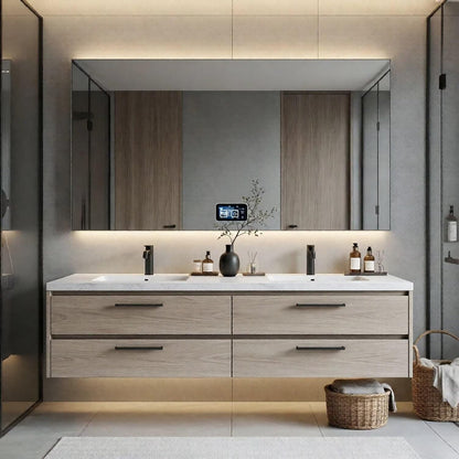 60”-84”Double Sink Floating Vanity with LED Mirror, Light Wood Cabinet & White Stone Top
