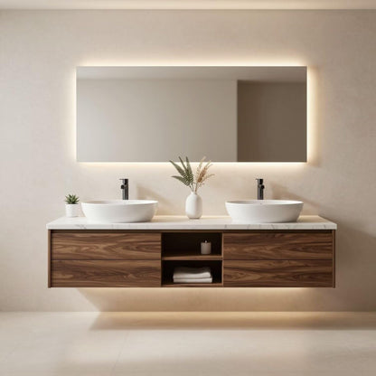 60"-84"Modern Walnut Floating Bathroom Vanity with Double Vessel Sinks & Marble Top
