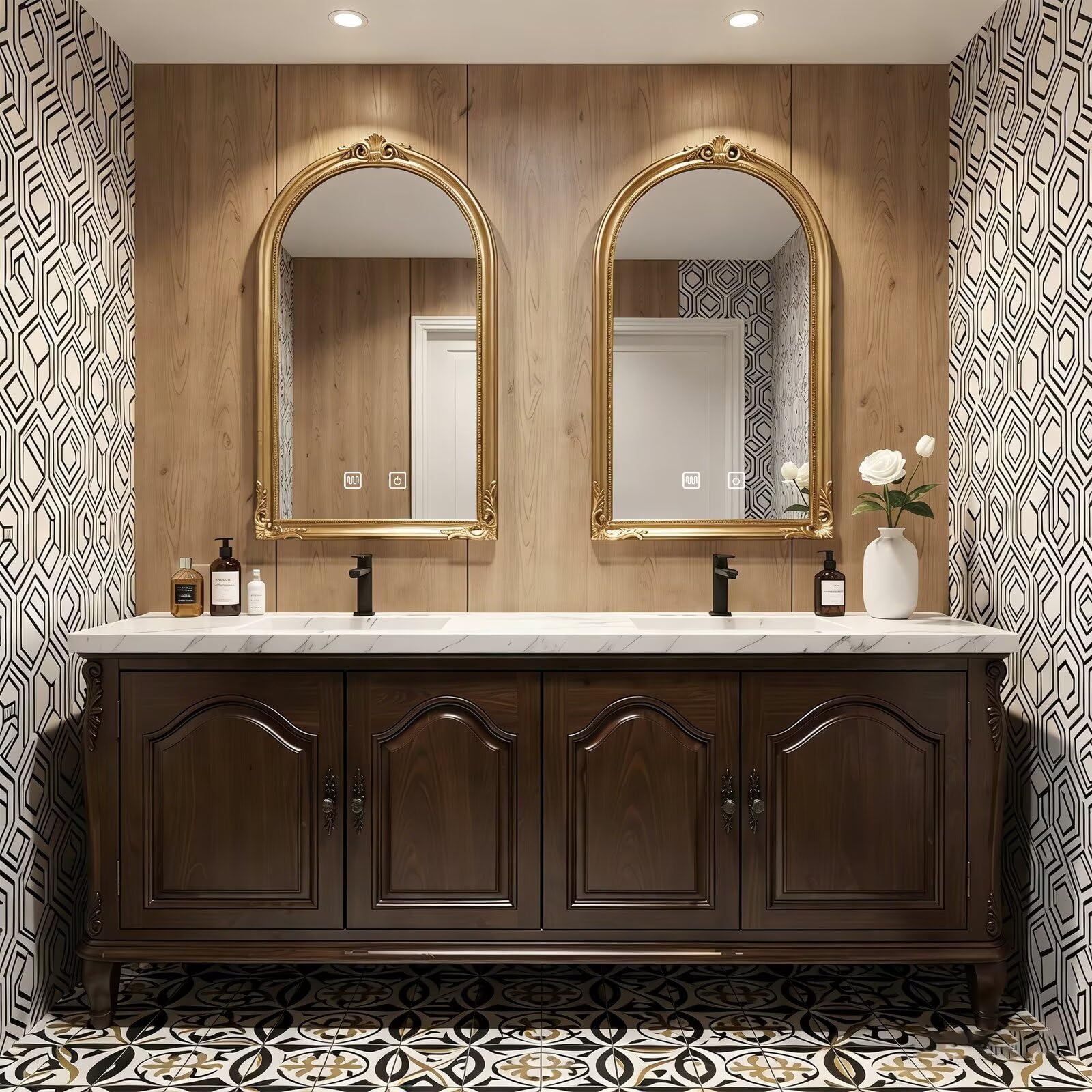 64"-96"Freestanding Bathroom Vanity with Double Sinks & Classic Carved Cabinet, Dark Walnut