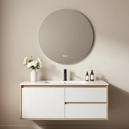 40”-64”Floating Bathroom Vanity with Round LED Defog Mirror, Wall Mounted White & Wood Vanity with Storage Drawers, Modern Cabinet