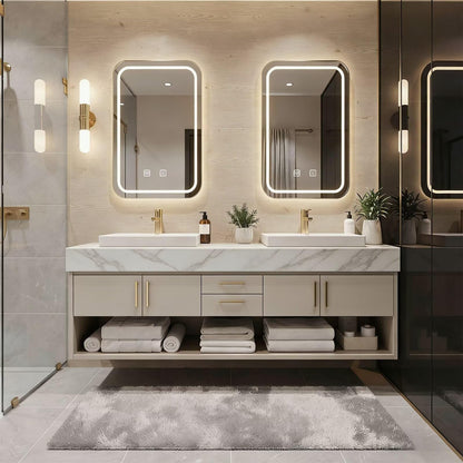 60"-84"Floating Beige Bathroom Vanity with Double Vessel Sinks & LED Mirrors
