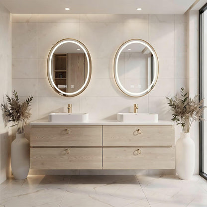 60”-84”Double Sink Floating Bathroom Vanity with LED Round Mirrors, Light Wood Cabinet & Gold Hardware