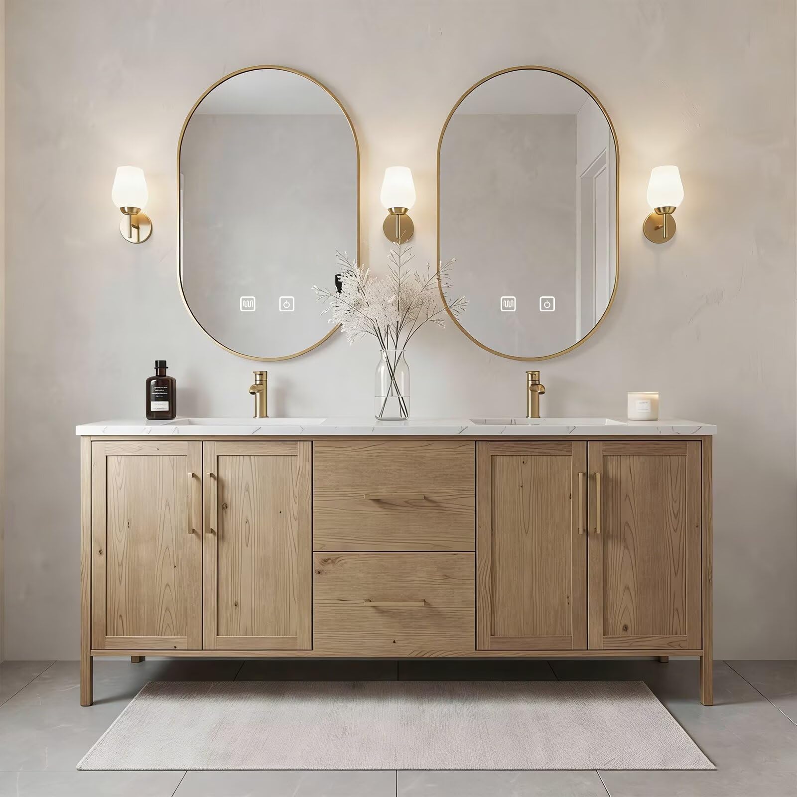 64”-96”Double Sink Freestanding Bathroom Vanity with Gold Oval Mirrors, Light Oak Cabinet