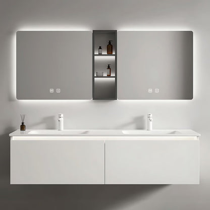 60”-84” Double Sink Floating Bathroom Vanity with LED Mirrors & Open Shelf, Wall Mounted White Vanity with Integrated Top