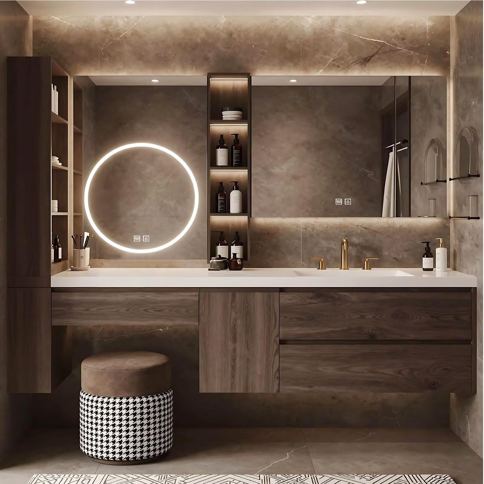 64”-88”Single Sink Floating Bathroom Vanity, Dark Wood Cabinet with Round LED Mirror