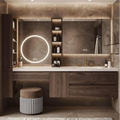 64”-88”Single Sink Floating Bathroom Vanity, Dark Wood Cabinet with Round LED Mirror