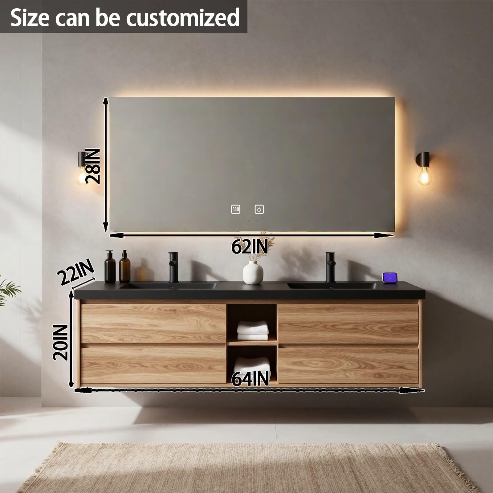 60"-84"Floating Oak Bathroom Vanity with Double Sinks & LED Mirror