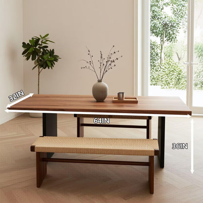 60"-80"Rectangular Walnut Dining Table with Black Metal Legs & Woven Bench, Mid-Century Style