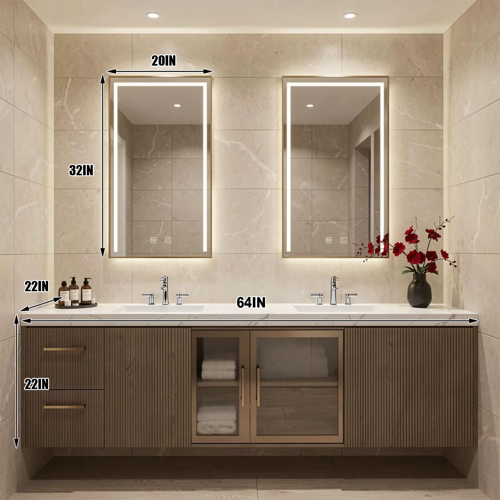 60"-96"Floating Bathroom Vanity with Double Sinks, LED Mirrors & Fluted Wood Finish