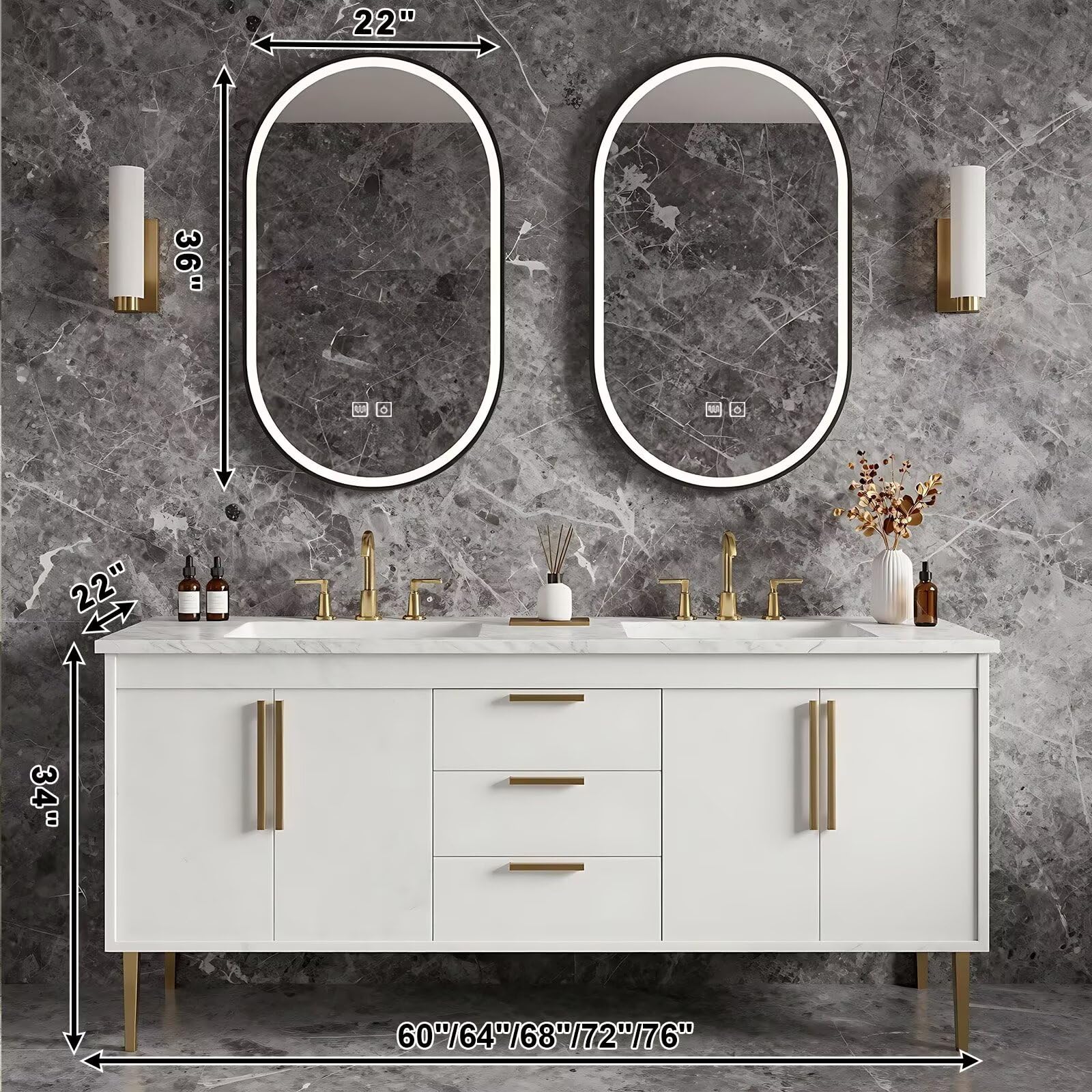 60”-84” Double Sink Bathroom Vanity with LED Oval Mirrors, Freestanding Cabinet with Marble Top, White with Gold Hardware