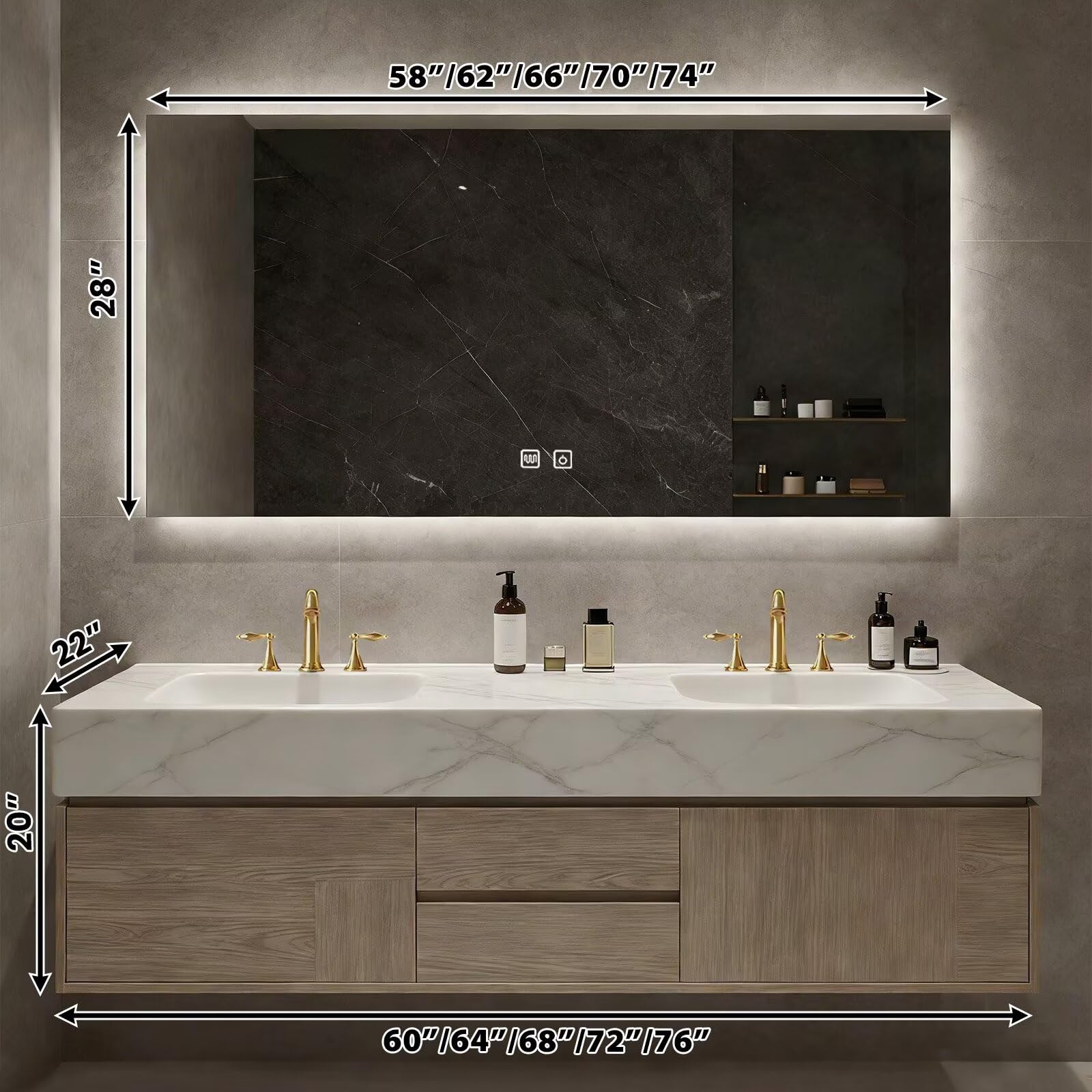 60”-84”Double Sink Floating Bathroom Vanity with LED Backlit Mirror, Wall Mounted Light Oak Vanity with White Marble Top