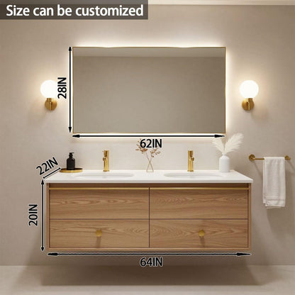 60"-84"Light Oak Floating Bathroom Vanity Set with Gold Hardware & LED Mirror