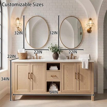 60"-96"Light Oak Bathroom Vanity with Double Sinks & Gold Framed Oval Mirrors