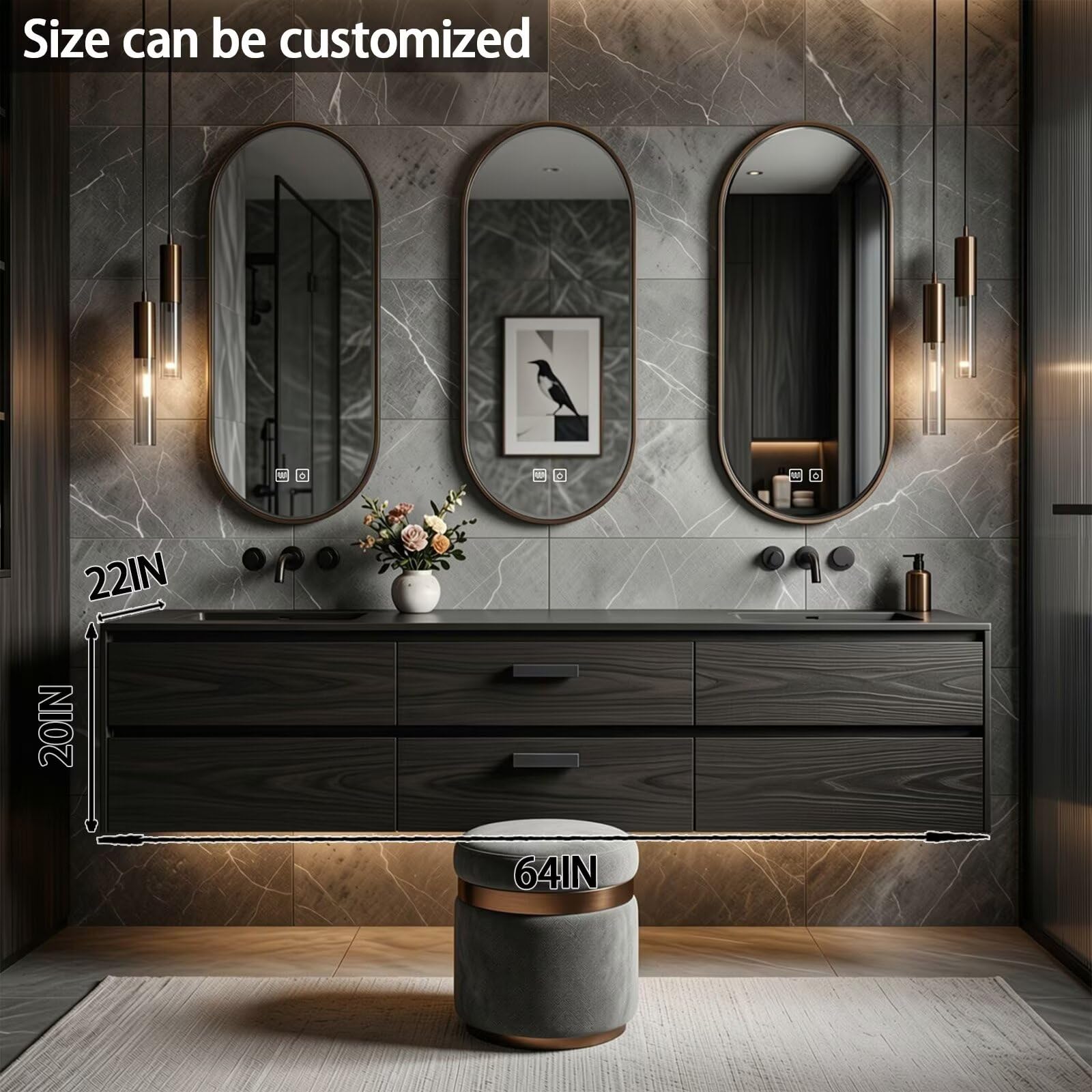 60”-84”Double Sink Floating Bathroom Vanity with Oval Mirrors, Dark Walnut Wood Cabinet