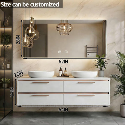 60"-84"Floating White Bathroom Vanity with Double Vessel Sinks & LED Mirror