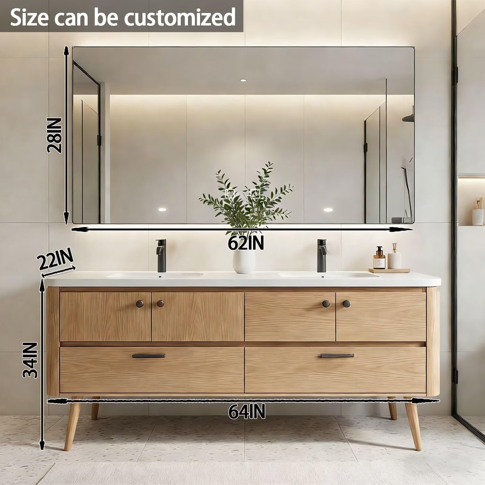 60"-84"Freestanding Oak Bathroom Vanity with Double Sinks & LED Mirror